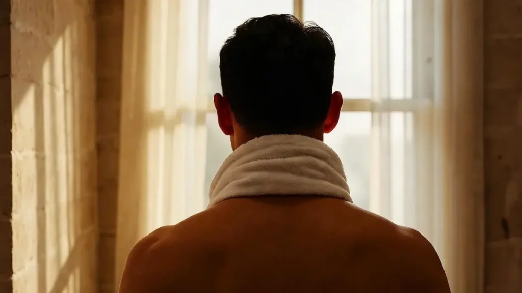 A relaxed man near a softly lit window, towel over shoulders, warm neutral light suggesting calm and privacy.