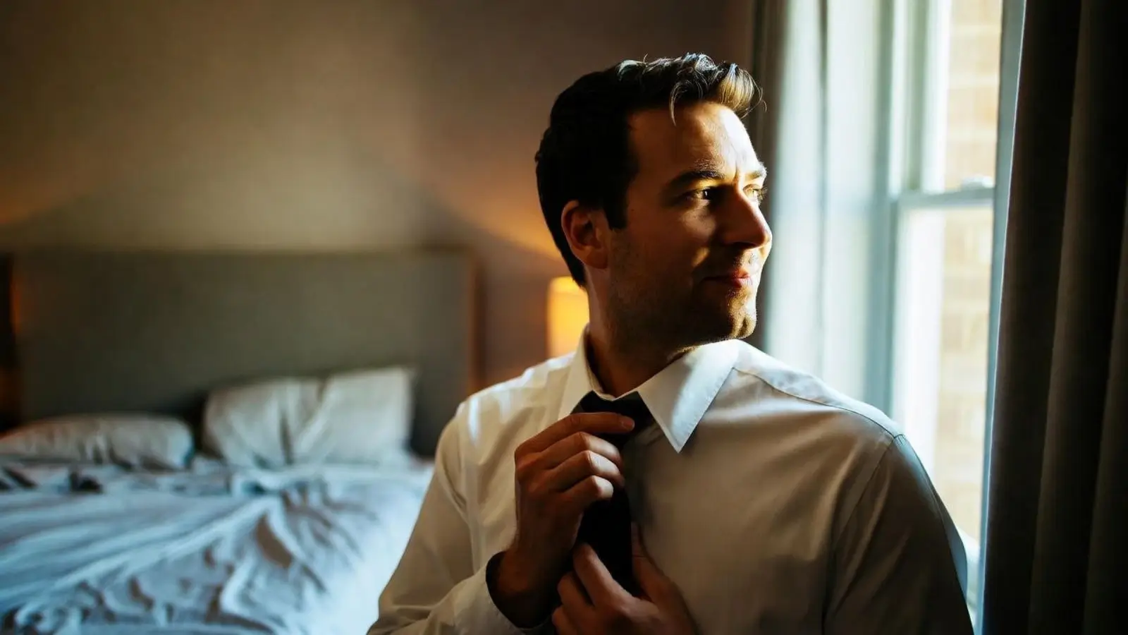 A calm man tying his tie near a window, natural daylight across his face, neutral tones conveying clarity and quiet confidence.