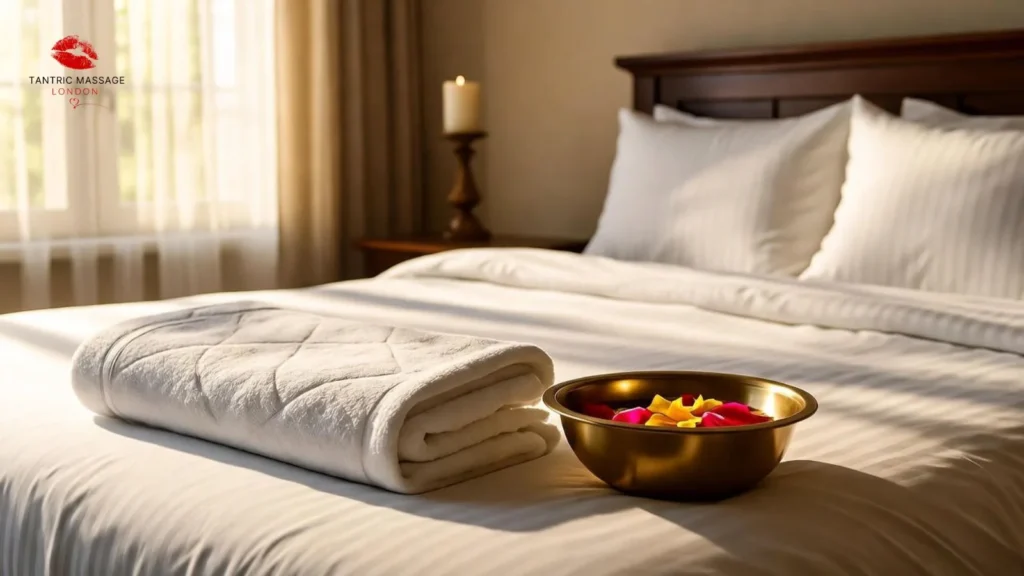Folded towel and brass bowl with petals — symbolising warmth, care, and mindfulness during tantric sessions.