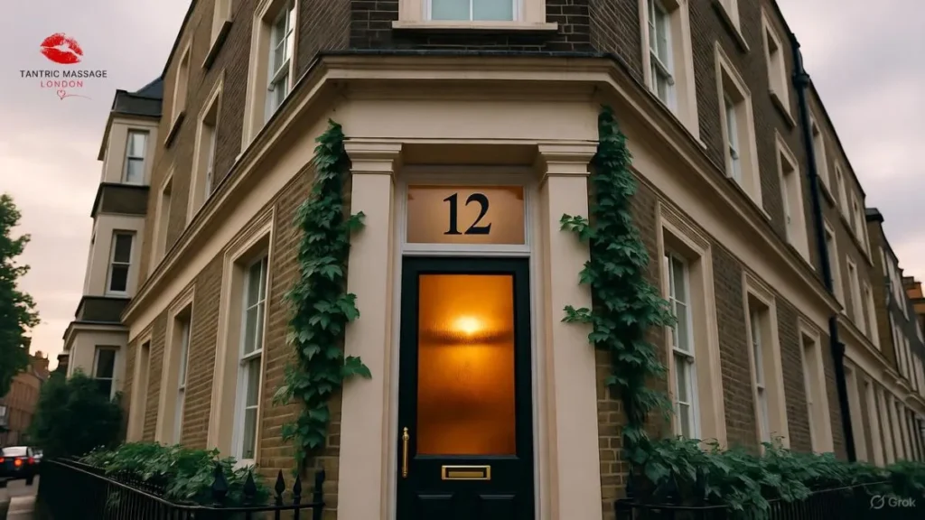 Discreet London townhouse entrance with warm interior light — representing professional incall massage appointments.