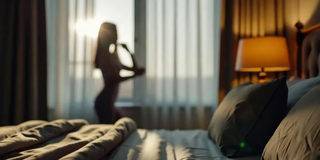 Softly lit silhouette by a window in a private London apartment — intimate, elegant atmosphere for a professional body to body massage.