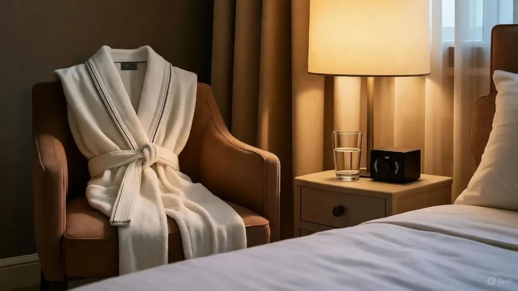 Private London Massage Room Calm, softly lit London room prepared for a body to body massage — robe and warm bedside lamp creating a peaceful, professional atmosphere.