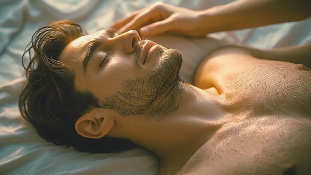 Intimate Neck and Collarbone Touch — Sensual Massage London Close-up of a hand resting softly along the neck and collarbone, showing slow, attuned sensual touch.