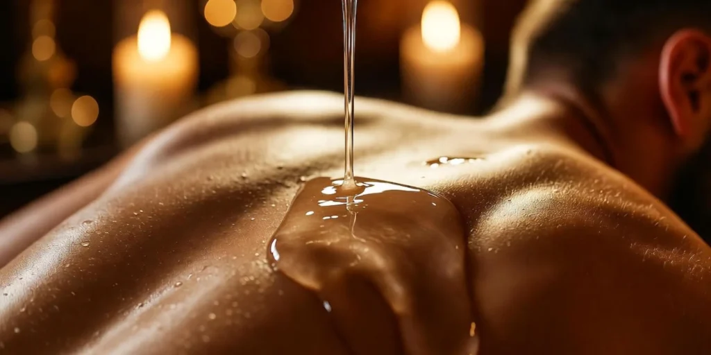 Warm translucent nuru gel poured onto back before full body contact massage