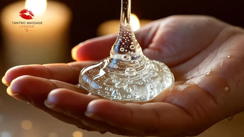 Warmed Nuru massage gel being poured into hands with soft candlelight
