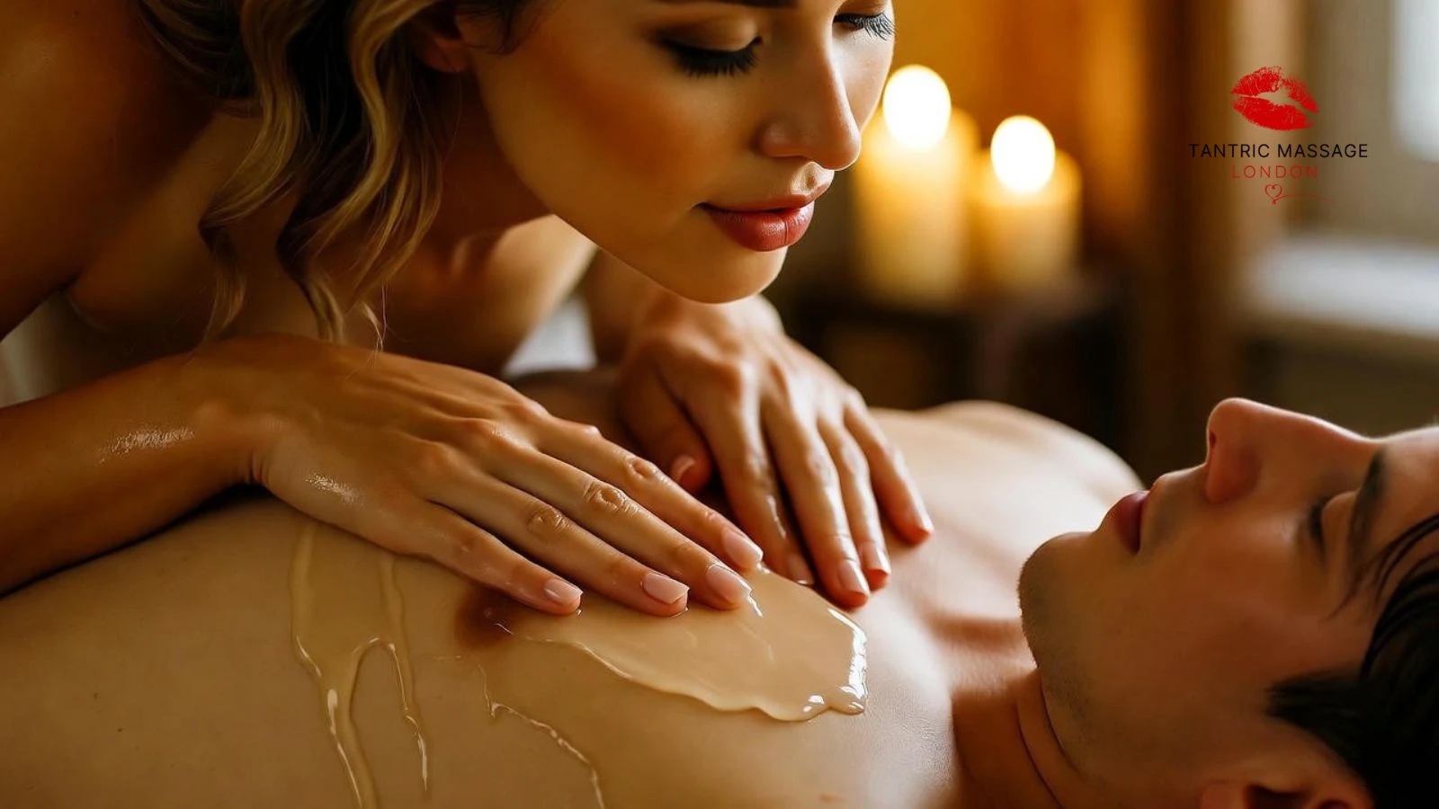 Masseuse leaning close while applying nuru gel during intimate massage experience