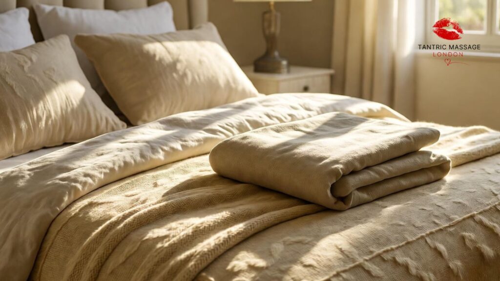 Private Incall London – Warm Sensual Massage Setting Private incall bedroom in London prepared for a couples erotic massage, warm and inviting atmosphere.