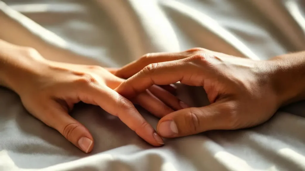 The Language of Touch – Professional Tantric Connection Close-up of two hands lightly touching in warm light, representing connection and trust during a professional tantric massage.