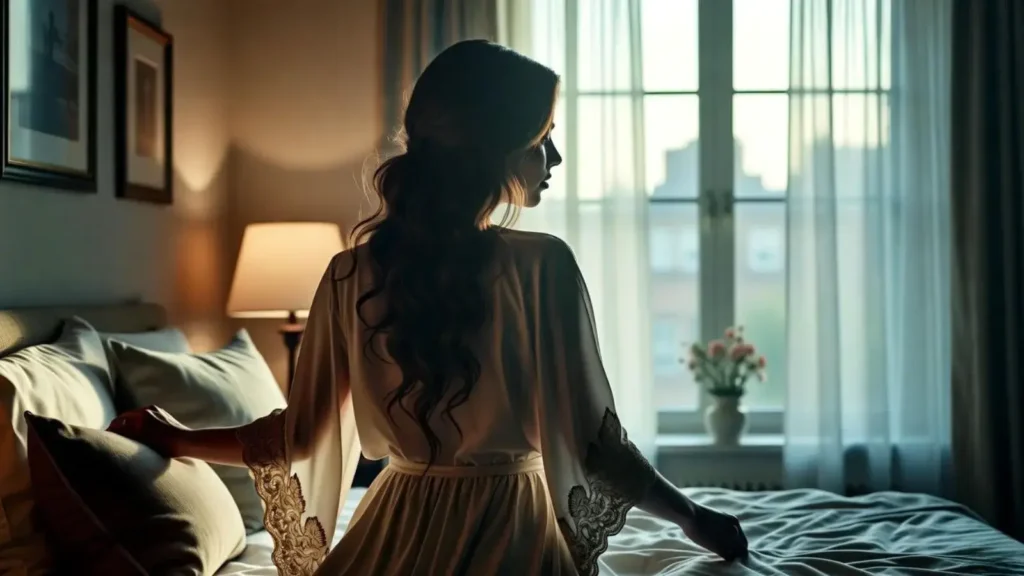 Professional Tantric Massage London – Private and Sensual Experience A woman in a silk robe sits by the window in soft morning light, creating a calm, private atmosphere for a tantric massage in London.