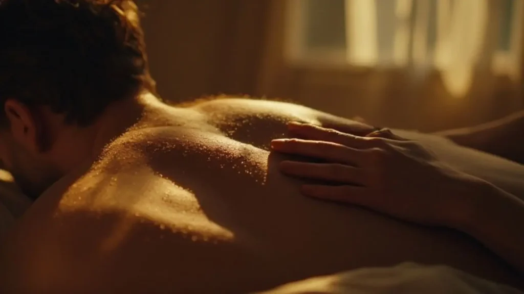 Full-Body Sensual Touch — Private Erotic Massage London Hand gliding slowly along a man's back in warm intimate lighting, showing relaxed sensual closeness.