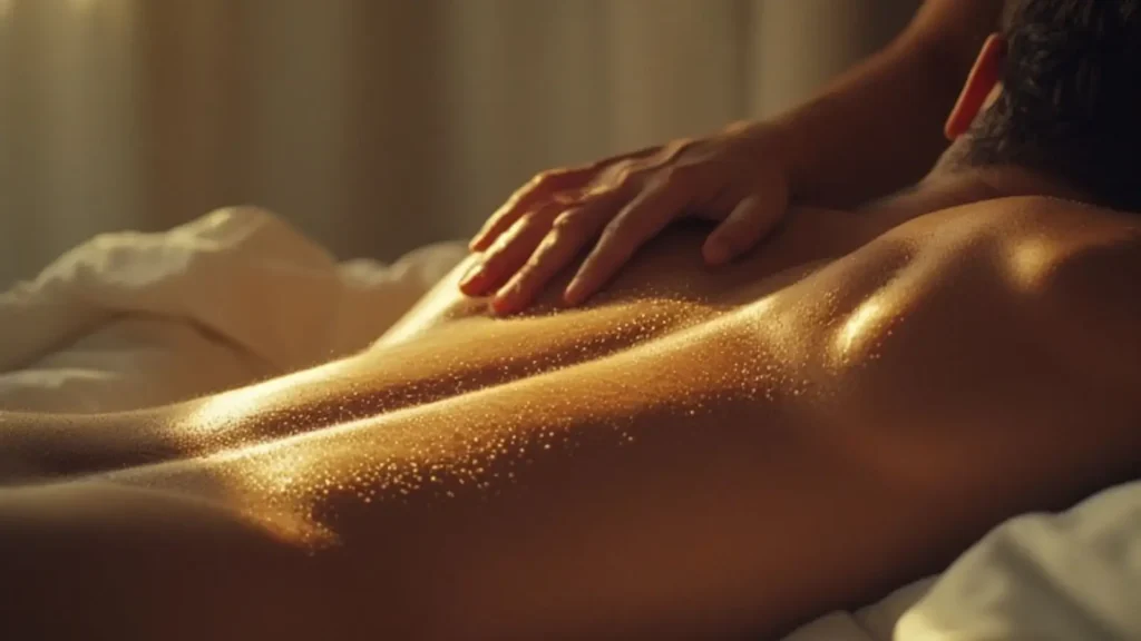 Warm Full-Body Sensual Massage London Man receiving slow warm full-body touch in soft golden light, showing intimate connection and calming presence.